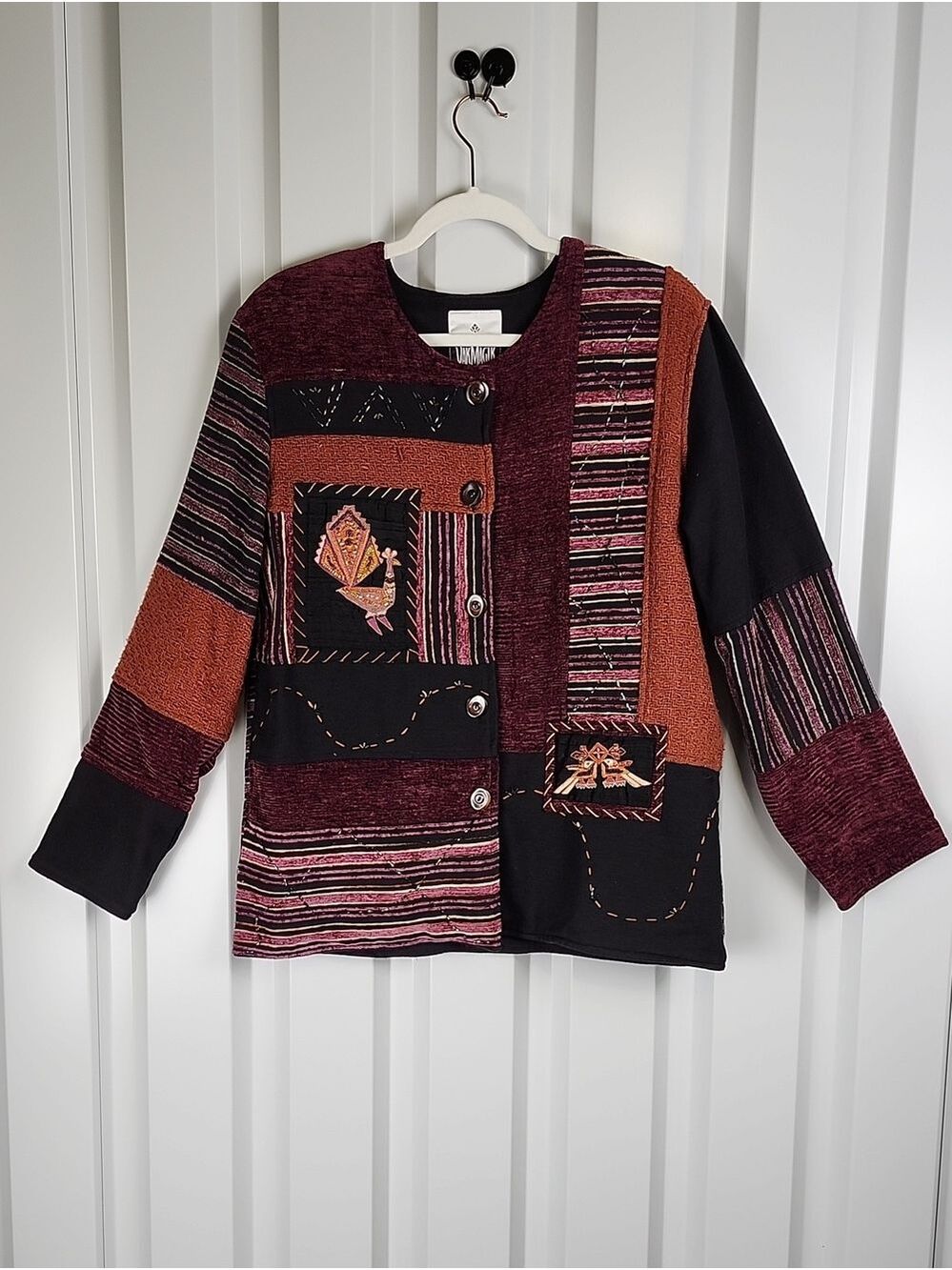 Yak Magik Artisan Boho Patchwork Button Front Jacket Burgundy Red Black Medium